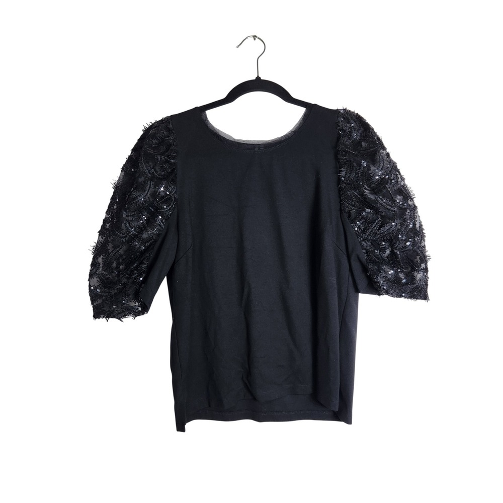 Anthropologie Black Sequin Embroidered Puff Sleeve Top Size M Mixed Media Knit